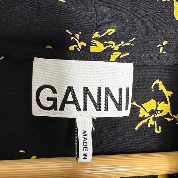 GANNI Floral Crepe Bell Sleeve Wrap Ruffle Top Black Yellow Sz 44/XL $345 {M17} - Picture 6 of 8